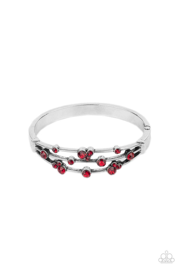 Cosmic Candescence - Red Rhinestones Silver Cuff-Like Hinged Bracelet