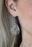 Paradise Picnic - Red- Orange Rhinestone Silver Floral Backdrop Fishhook Earrings