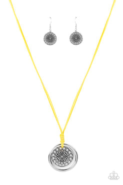 One Mandala Show - Yellow - Orange Suede Cording Silver Mandala-Like Pendant Long Necklace