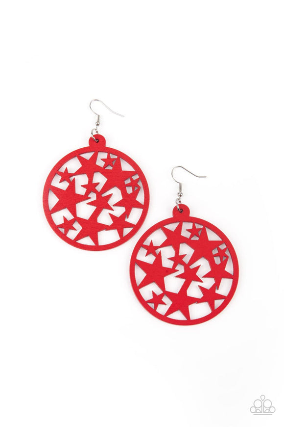 Cosmic Paradise - Red Wooden Frame Cut-Out Stars American Fishhook Earrings