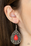 Fanciful Droplets - Red - Green Teardrop Bead Centers Leaf Motif Filigree Fishhook Earrings