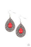 Fanciful Droplets - Red - Green Teardrop Bead Centers Leaf Motif Filigree Fishhook Earrings