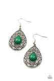 Fanciful Droplets - Red - Green Teardrop Bead Centers Leaf Motif Filigree Fishhook Earrings