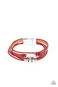 Tahoe Tourist - Red Leather Cording Silver Hammered Teardrop in Center Magnetic Bracelet