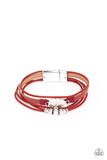 Tahoe Tourist - Red Leather Cording Silver Hammered Teardrop in Center Magnetic Bracelet