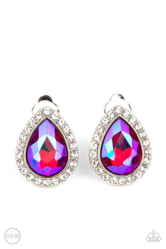 Cosmic Castles - Pink UV Finish Teardrop Gem Clip-On Earrings