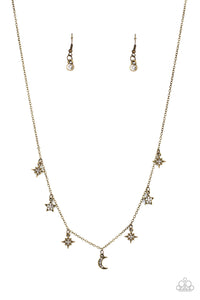 Cosmic Runway - Brass Moon and Stars White Rhinestones American Short Necklace