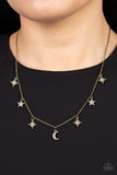 Cosmic Runway - Brass Moon and Stars White Rhinestones American Short Necklace