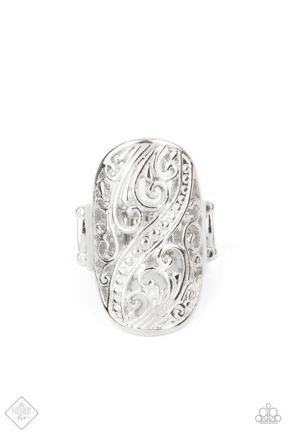 Pier Paradise - Silver Airy Oval Filigree Patterns Wide Band Ring Fashion Fix Ring