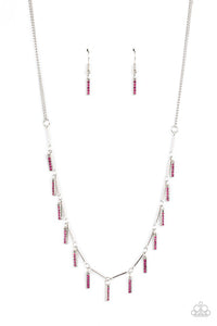 Metro Muse - Pink Dainty Rhinestones Silver Rectangular Frames Short Necklace