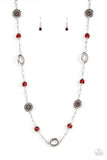 Glammed Up Goals - Red Beads Silver medallions Long Necklace