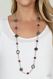 Glammed Up Goals - Red Beads Silver medallions Long Necklace