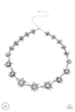 Get Up and Grow - White Rhinestones Life-Like Silver Daisies Choker Necklace