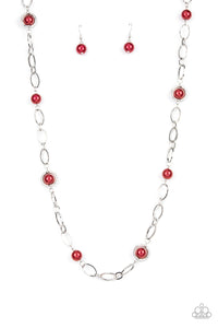 Fundamental Fashion - Red Bubbly Pearls Silver chain Long Necklace