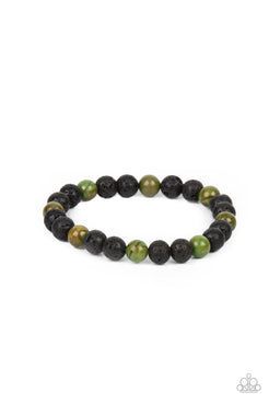 Molten Mogul - Green Beads Black Lava Rocks Stretchy Bracelet