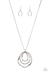 Revamped Relic - Silver and Rose Gold Trio Mismatched Warped Rings Long Necklace