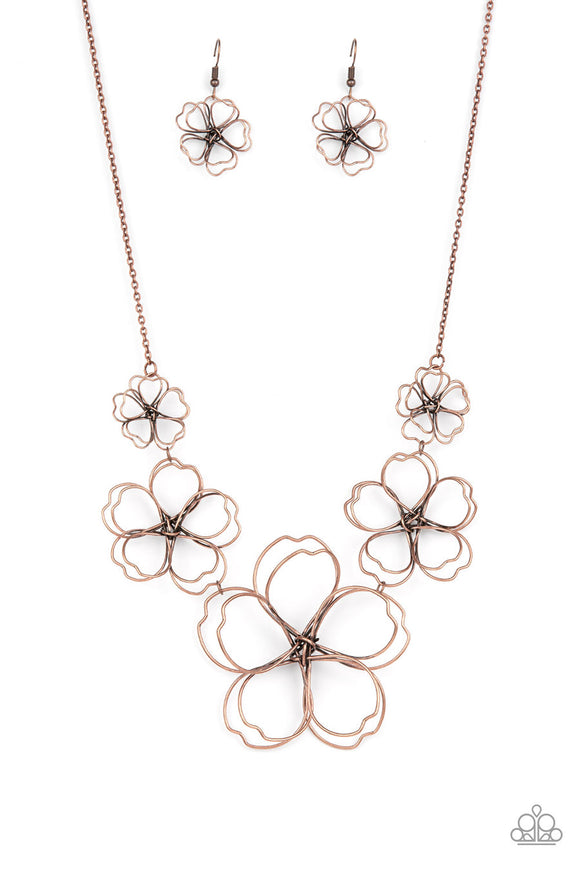 The Show Must Grow On - Copper Rustic Wire Twists into Blossoms Short Necklace