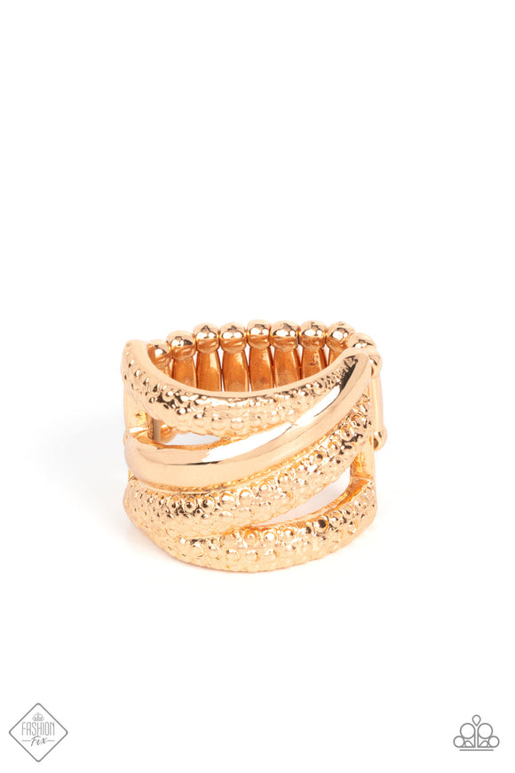 Contemporary Convergence - Gold Bands Crisscross Wide Band Ring Fashion Fix Ring