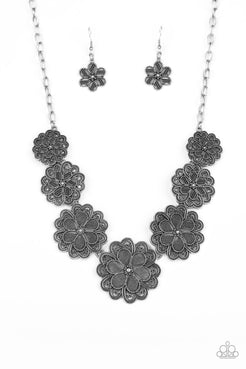 Basketful of Blossoms - Silver Petals Floral Frame Short Necklace