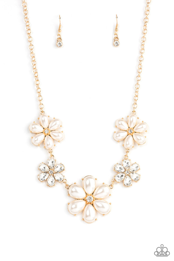 Fiercely Flowering - Gold Floral White Pearl Petals Short Necklace