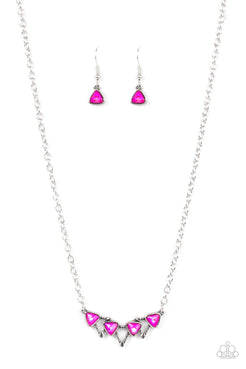 Pyramid Prowl - Pink Iridescent Triangular Gems Short Necklace