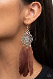 Pretty in Plumes - Blue - Brown Feathers Swing from Silver Frame Fishhook Earrings