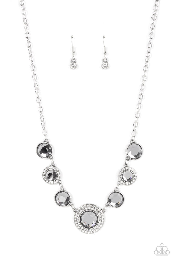 Extravagant Extravaganza - Silver Smoky Gems White Rhinestones Short Necklace