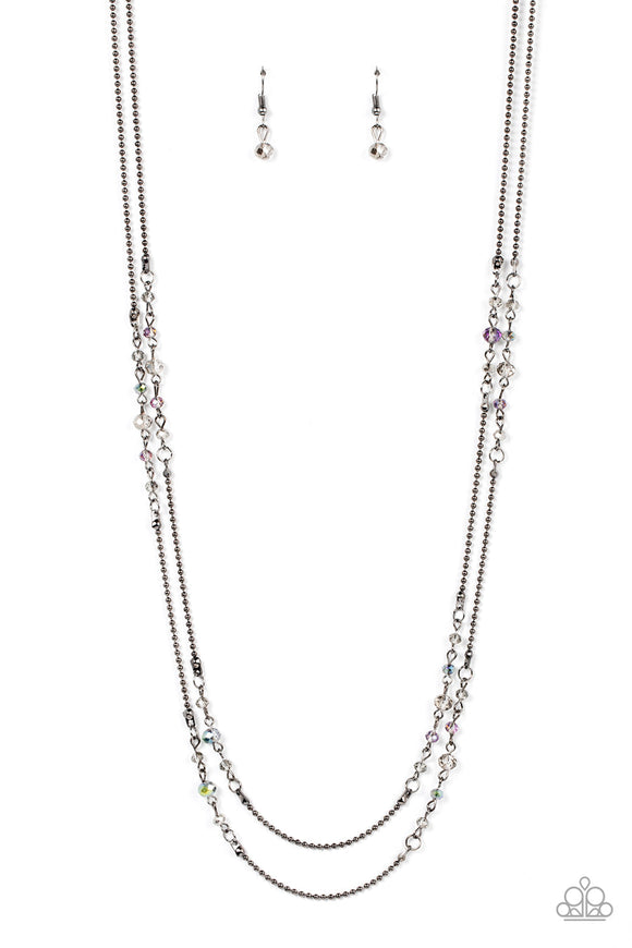 Petitely Prismatic - Black/Gunmetal Beads and Chain Iridescent Crystal-Like Beads Long Necklace