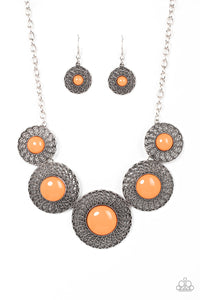 Detail Orientated - Orange Beads Silver Swirly Petal Motifs Short Necklace