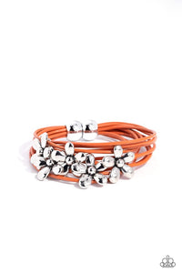 Here Comes the Bloom - Orange Leathery Cords Silver Flowers Magnetic Bracelet