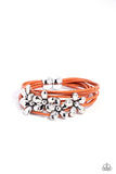 Here Comes the Bloom - Orange Leathery Cords Silver Flowers Magnetic Bracelet