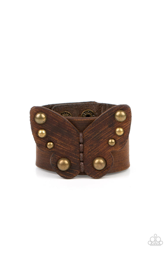 butterfly Farm - Brass Studds Brown Leather Butterfly Urban Snap Wrap Bracelet