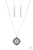 Compass Composure - Multi - Green Iridescent Rhinestone Centered Silver Pendant Long Necklace - Fashion Fix Exclusive - May 2022