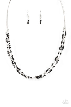 Explore Every Angle - Black Seed Beads Silver Accents Short Seed Bead Necklace