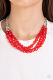 Pacific Picnic - Red Gem-Like beads Silver Beads Short Necklace