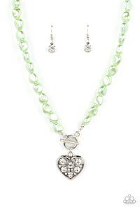 Color Me Smitten - Green Pearly Beads Silver Airy Heart Short Necklace