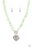 Color Me Smitten - Green Pearly Beads Silver Airy Heart Short Necklace