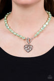 Color Me Smitten - Green Pearly Beads Silver Airy Heart Short Necklace