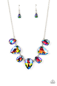 Otherworldly Opulence - Multi Iridescent Blue Teardrop Gems Short Necklace