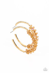 Bubble Bursting Bling - Gold Crystal-Like Beads Gold Hoop Earrings