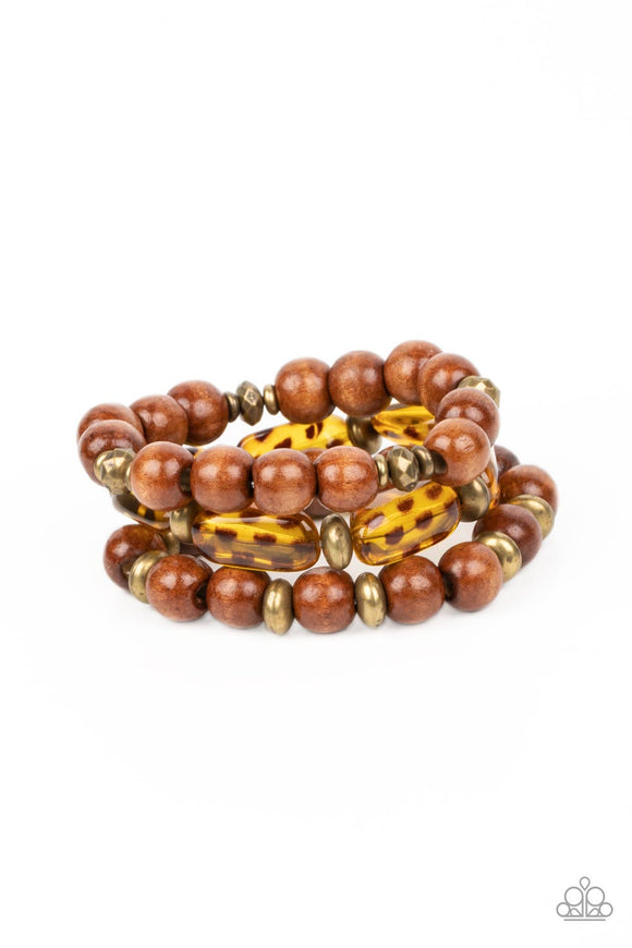 Wild Mannered - Brass Oversized Wooden and Acrylic Beads Cheetah-Like Patterns Stretchy Bracelet