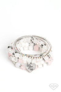 Optimistic Opulence - Pink Glassy Iridescent Beads Silver Inspirational Heart "Love Your Life" Stretchy Bracelet