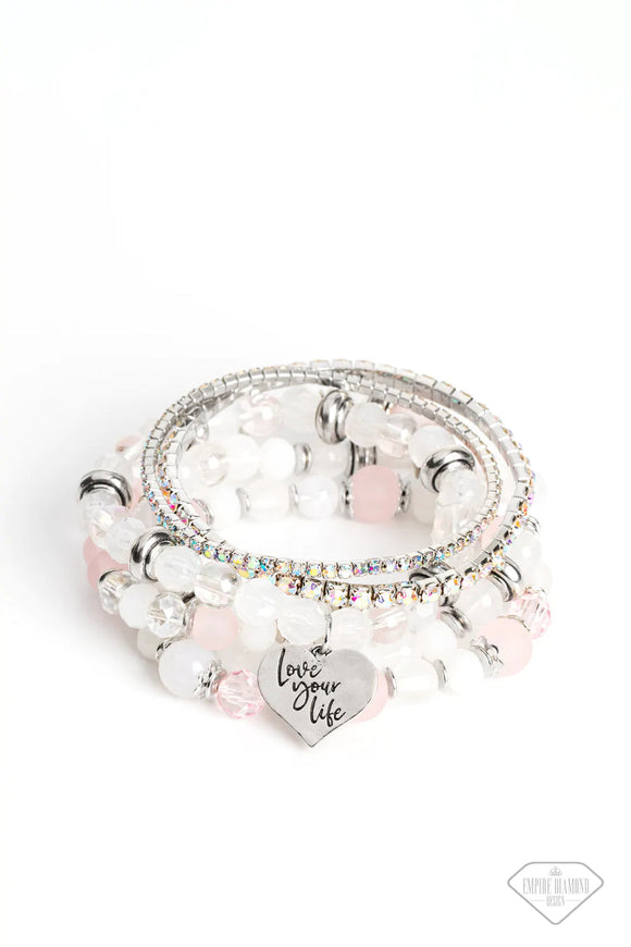 Optimistic Opulence - Pink Glassy Iridescent Beads Silver Inspirational Heart 