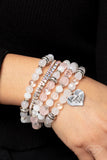 Optimistic Opulence - Pink Glassy Iridescent Beads Silver Inspirational Heart "Love Your Life" Stretchy Bracelet