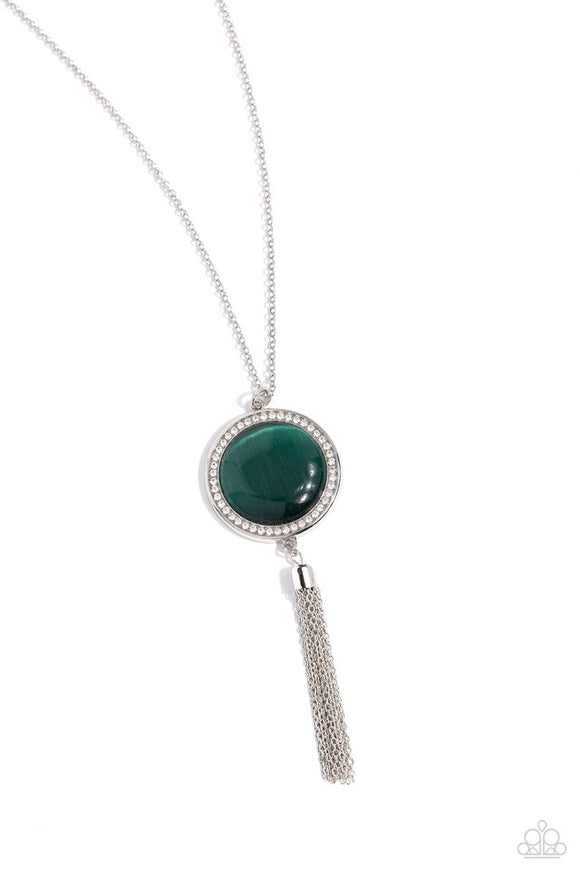 Tallahassee Tassel - Green Cat's Eye Stone Pendant Long Necklace