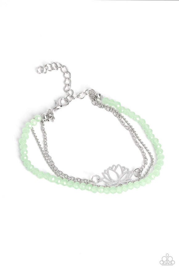 A Lotus Like This - Green Beads Silver Lotus Bloom Charm Clasp Bracelet