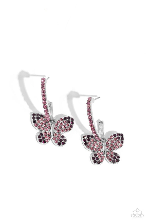 Whimsical Waltz - Purple Rhinestones Silver Butterfly Hoop Earrings