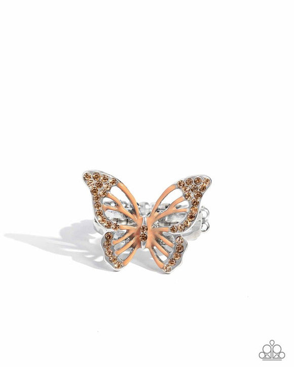 Aerial Aesthetic - Orange/Peach Rhinestones Wings of A Butterfly Thin Band Ring