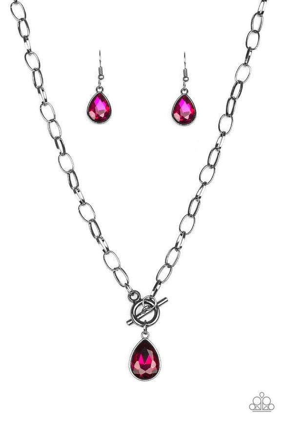 So Sorority - Pink Teardrop Gem Gunmetal Chain Short Necklace