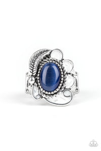 Fairytale Magic - Blue Cat's Eye Stone Silver Feather Wide Band Ring